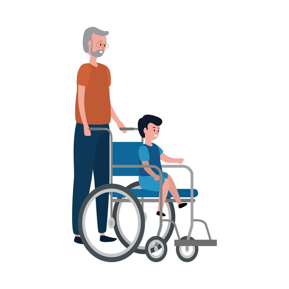 schattige opa met kleinzoon in rolstoel vector