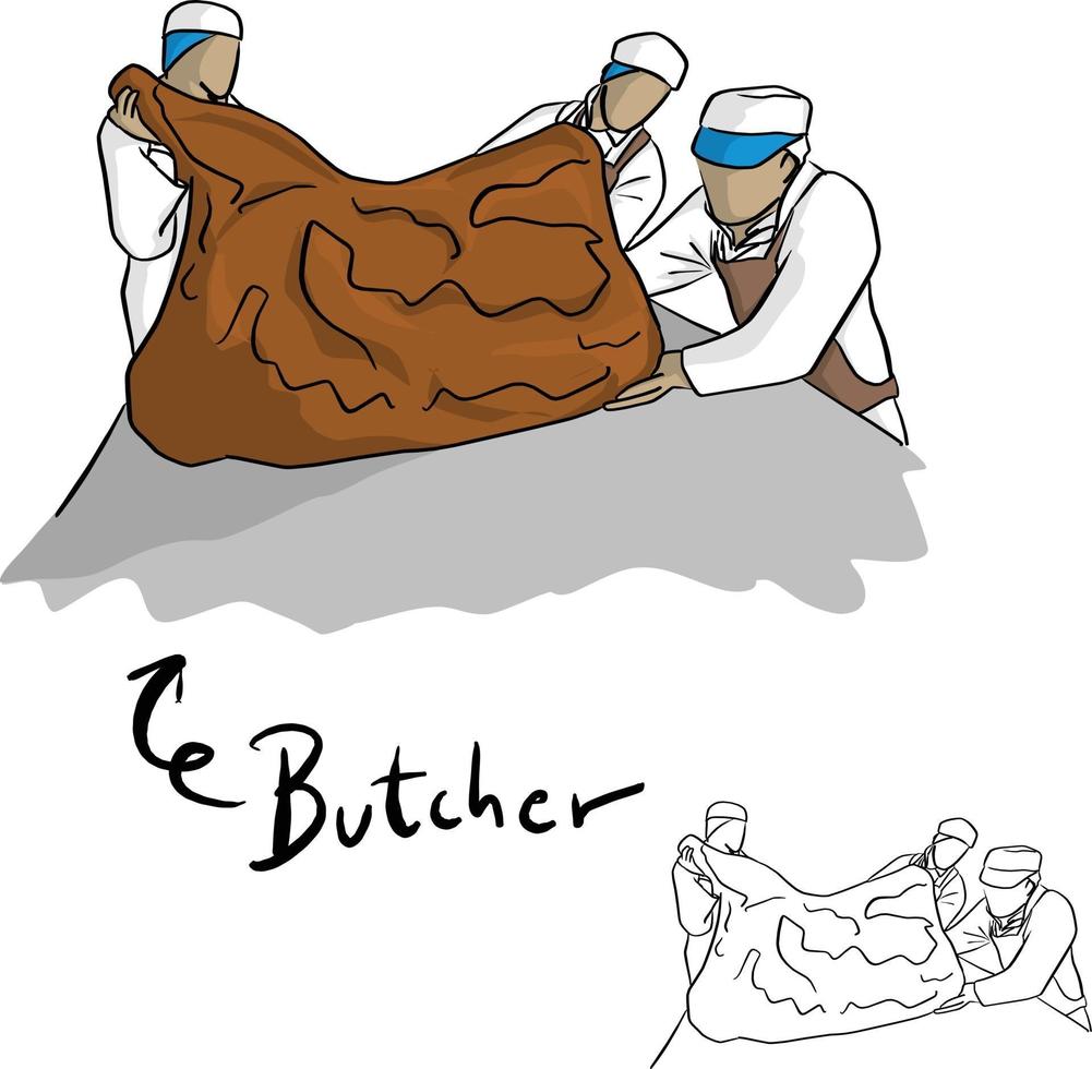 drie mannelijke slagers helpen bij het hakken van groot vlees vector
