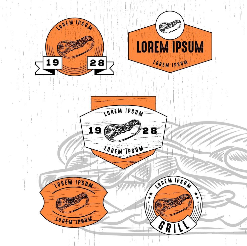set barbecue logo vintage look met textuur badge hout vector