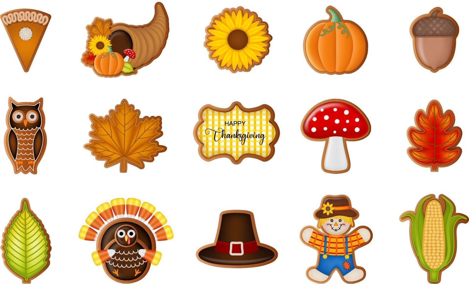 set van geïsoleerde Thanksgiving peperkoek koekjes vector