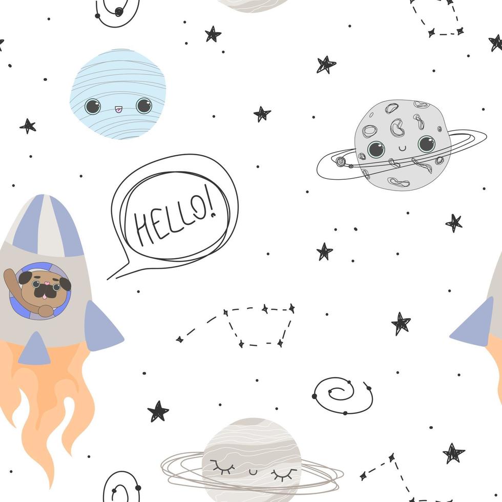 schattig patroon met planeten sterren en een hond in de ruimte witte doodle kosmos vector