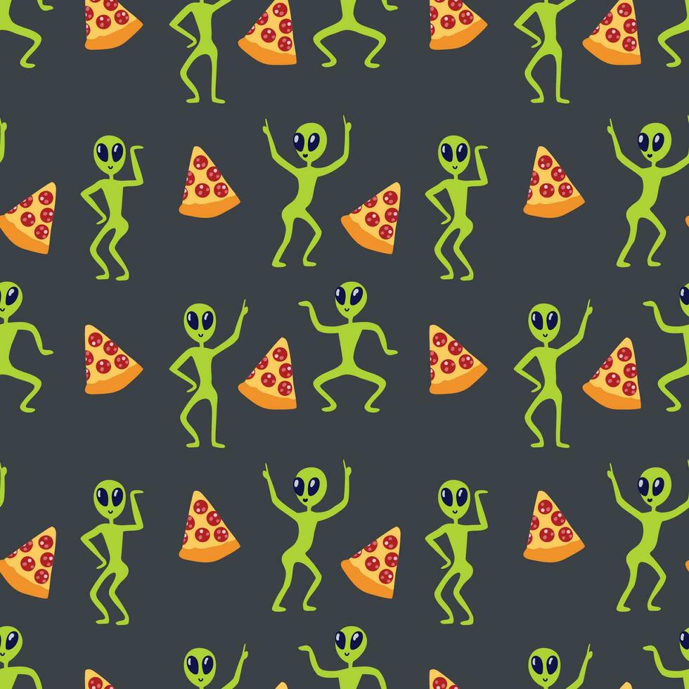 buitenaardse wezens dansen grappig, pizza, naadloos patroon. vector illustratie