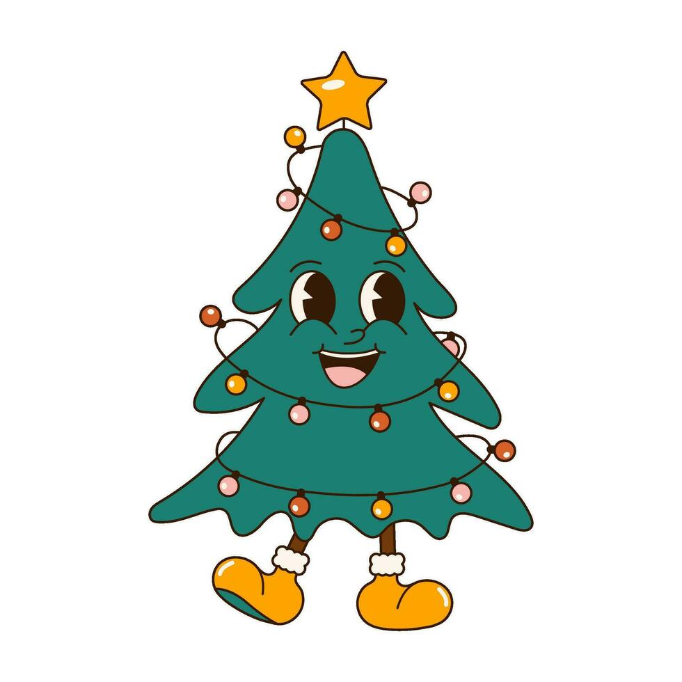 groovy jaren 70 Kerstmis sticker. tekenfilm karakter in modieus retro stijl, grappig mascotte. schattig Kerstmis boom vector