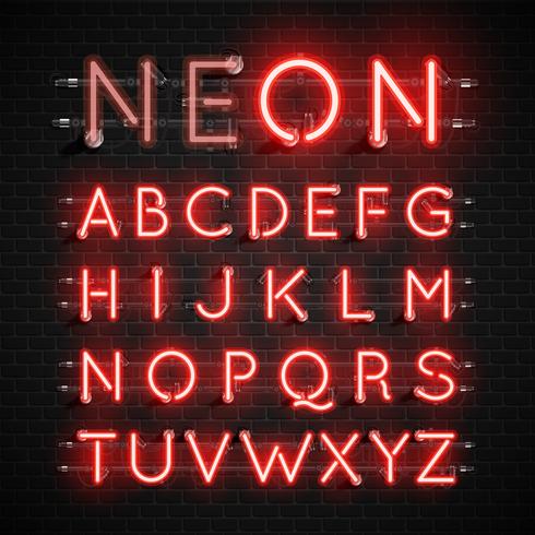 Hoog gedetailleerde neon lettertype ingesteld, vector illustratie