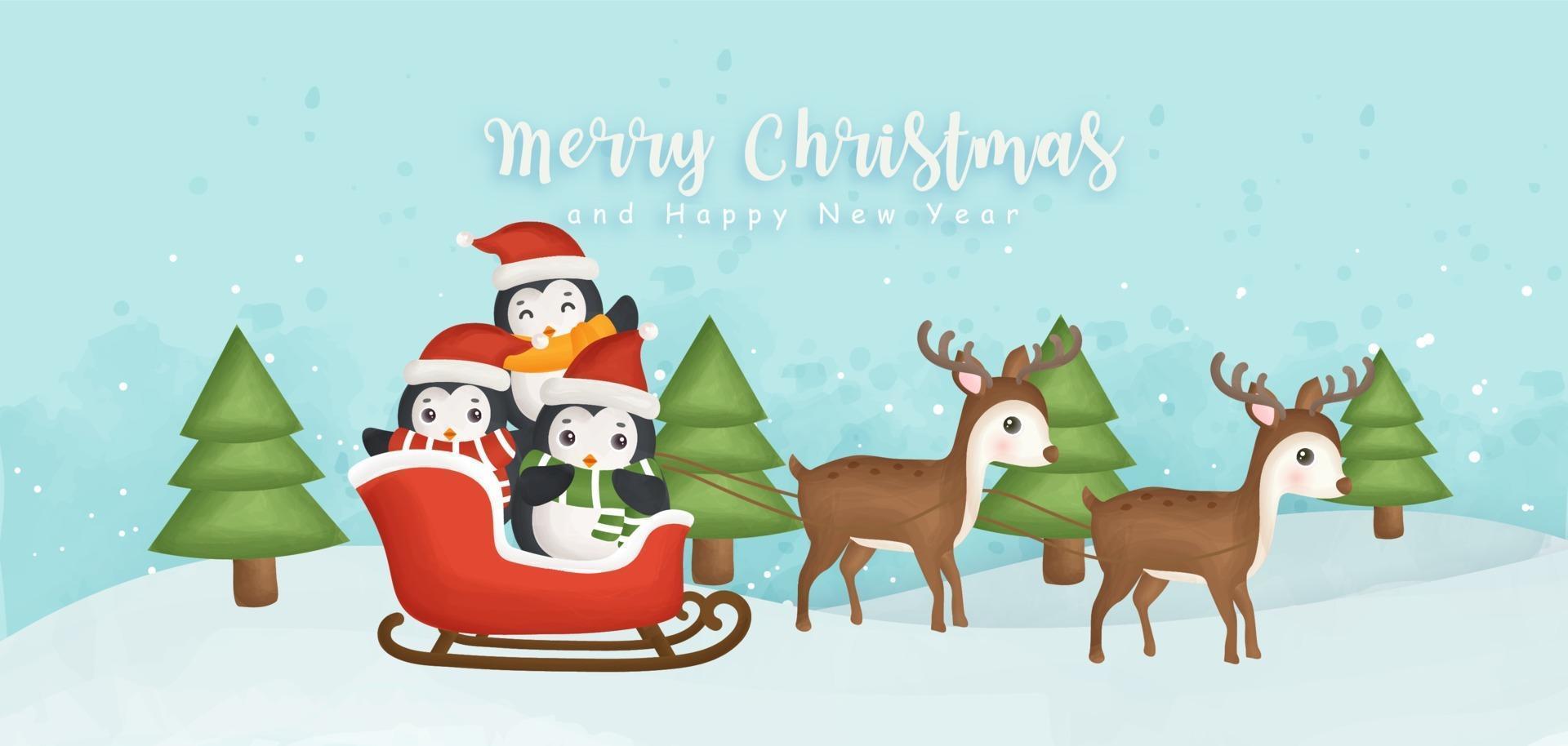 prettige kerstdagen en gelukkig nieuwjaar banner met schattige pinguïns. vector