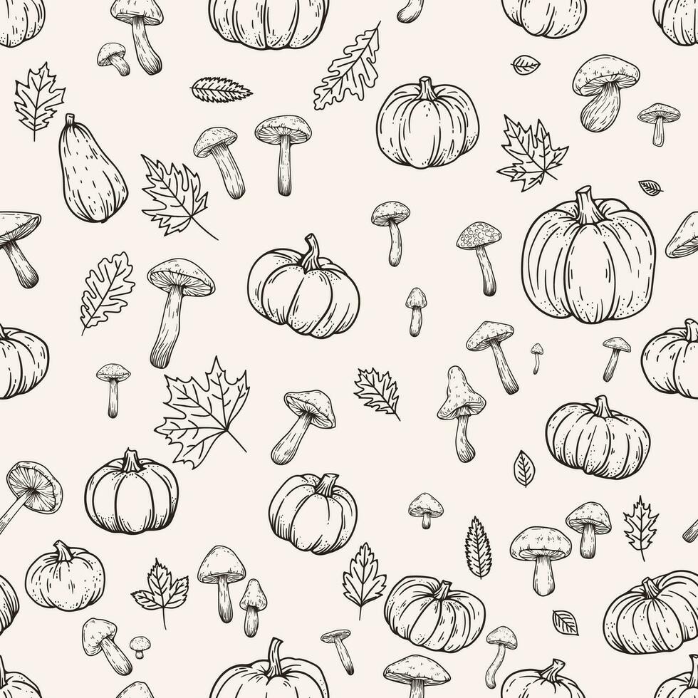 wijnoogst dankzegging herfst naadloos patroon van hand- getrokken lijn schetsen, schattig pompoenen, eik bladeren, en champignons. ideaal voor herfst decor en retro herfst ontwerp, essence van de seizoen. niet ai vector