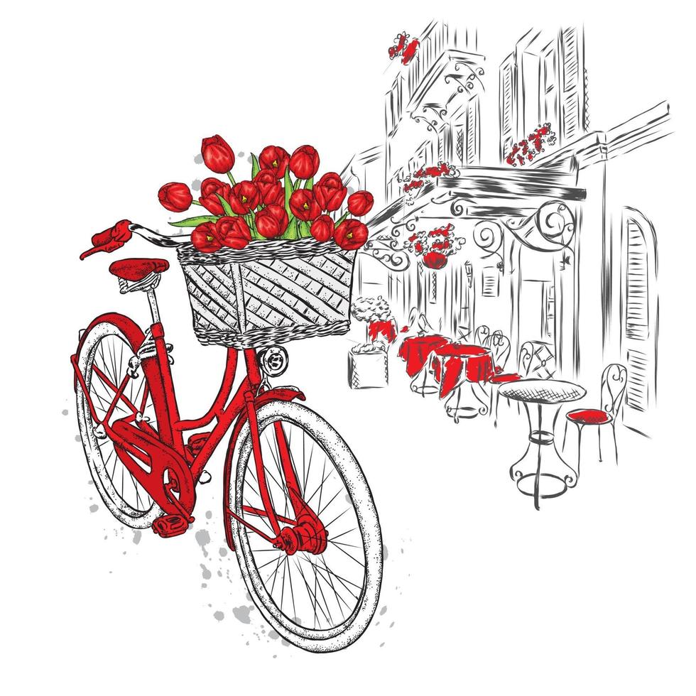stadsstraat en vintage fiets met mandje tulpen. vector