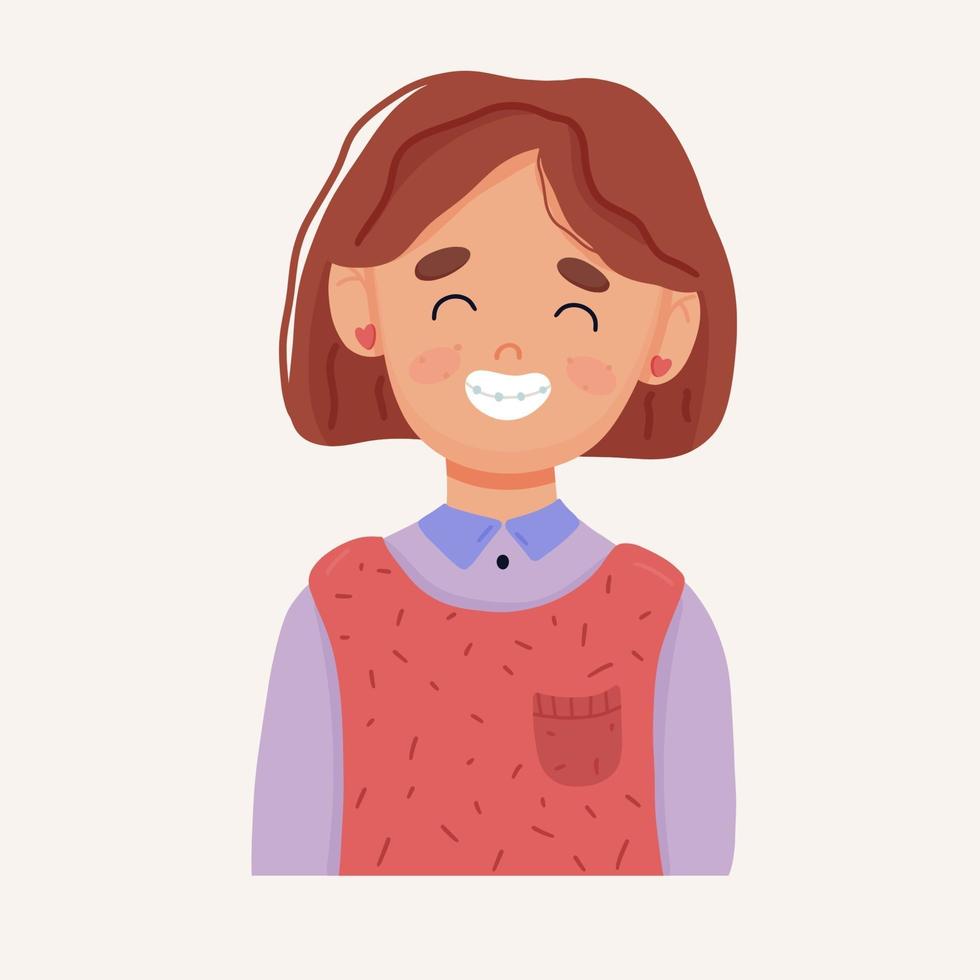 schattig schoolgaande meisje met bretels. gezond glimlachconcept. vector