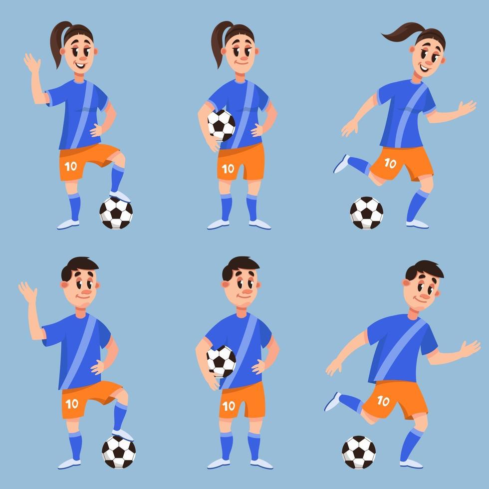 set van voetballers in verschillende poses. mannelijke en vrouwelijke personages. vector