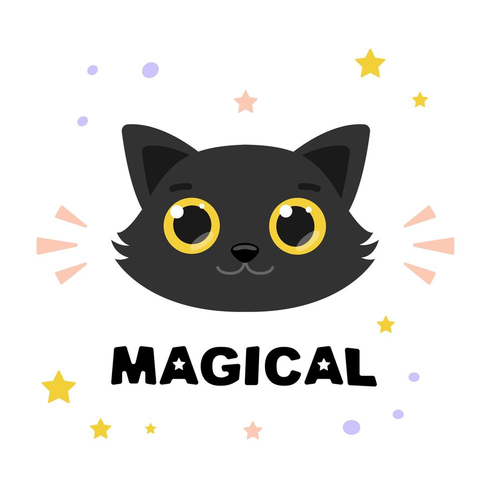 schattige vector zwarte kat met magische letters. kunstposter voor de kinderkamer