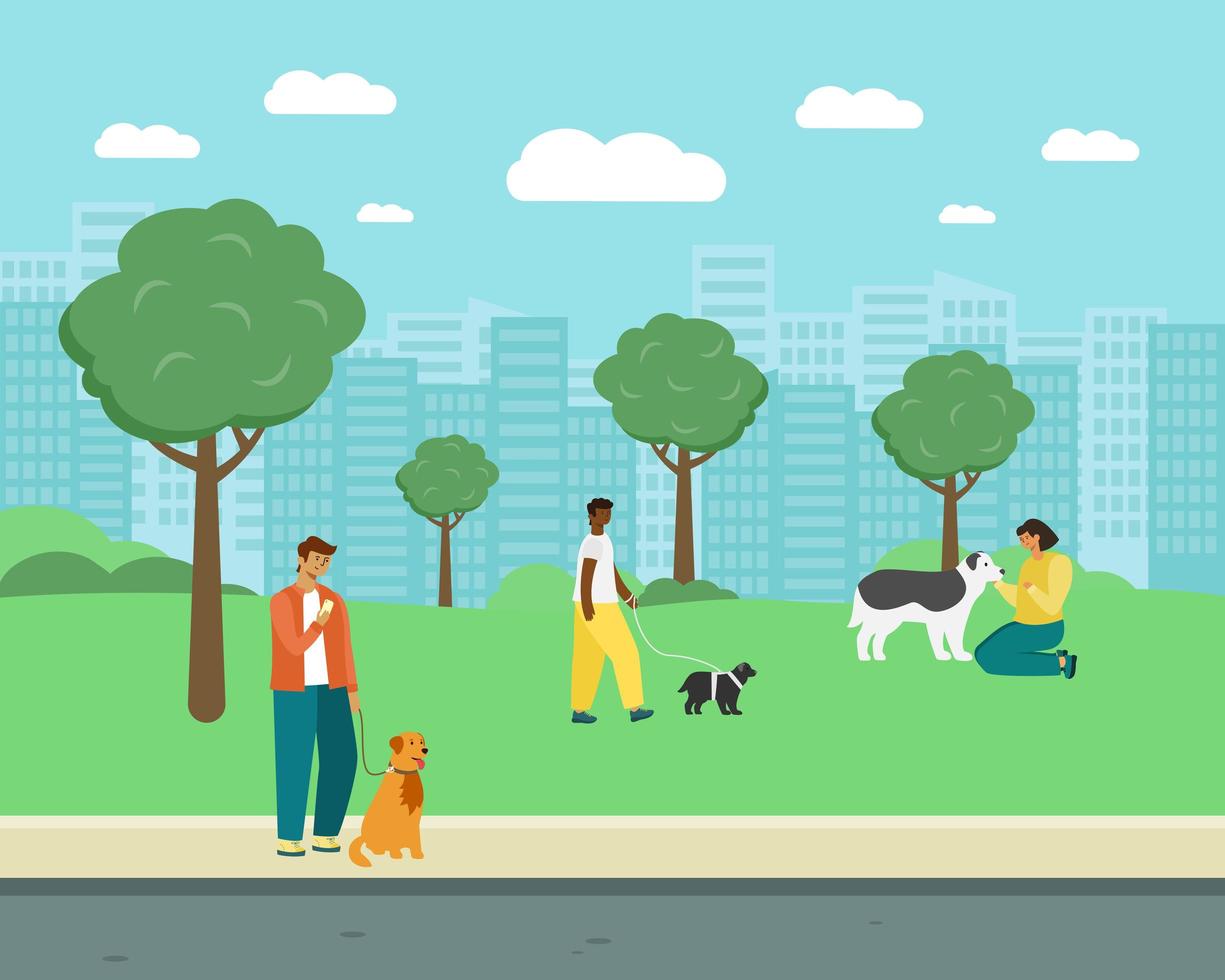 mensen wandelen met honden in het park vector