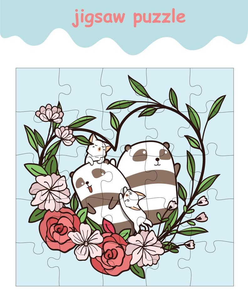 legpuzzelspel van panda's en kat met hartbloem vector