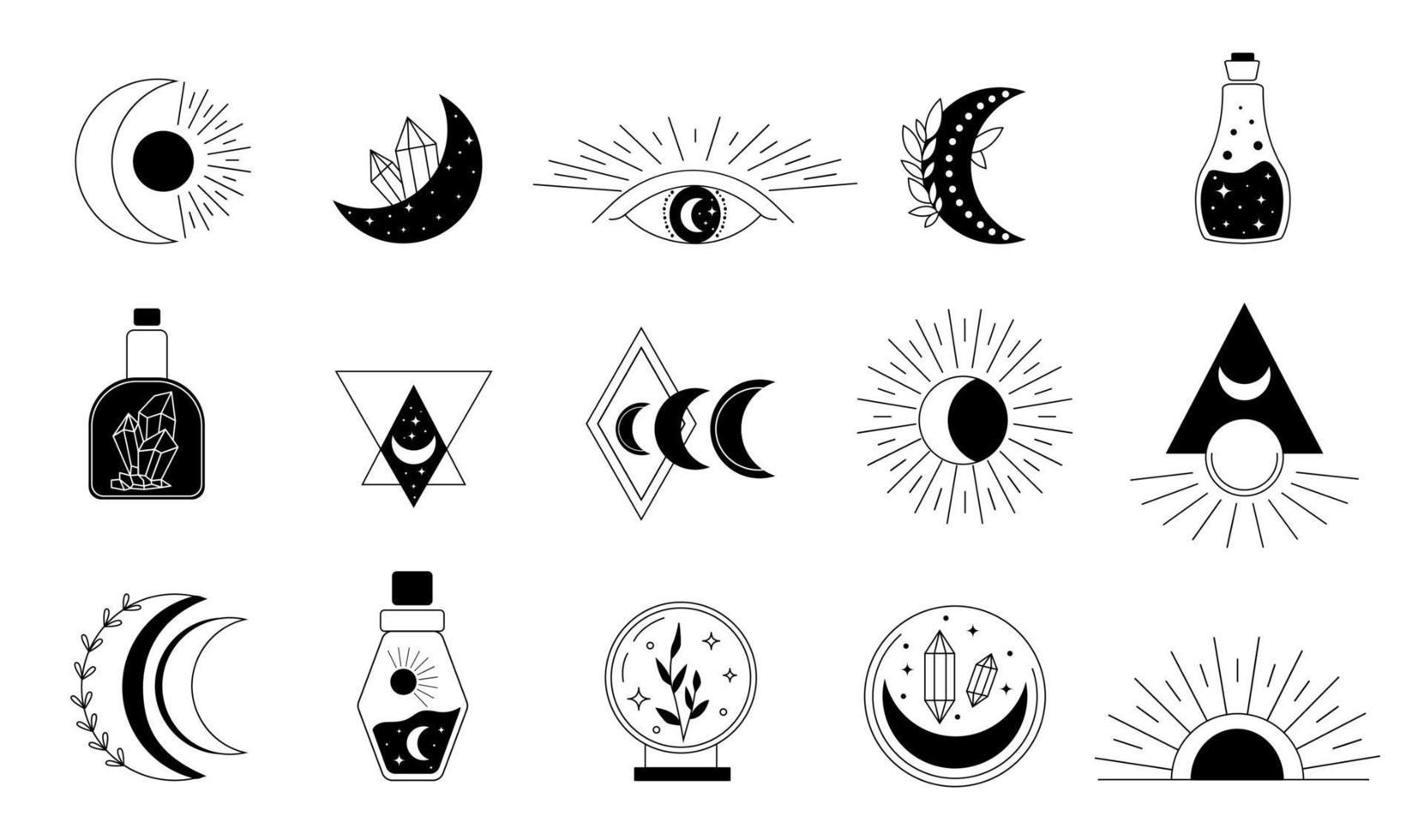 mystieke symbolen. lijn esoterische, boho mystieke handgetekende elementen vector