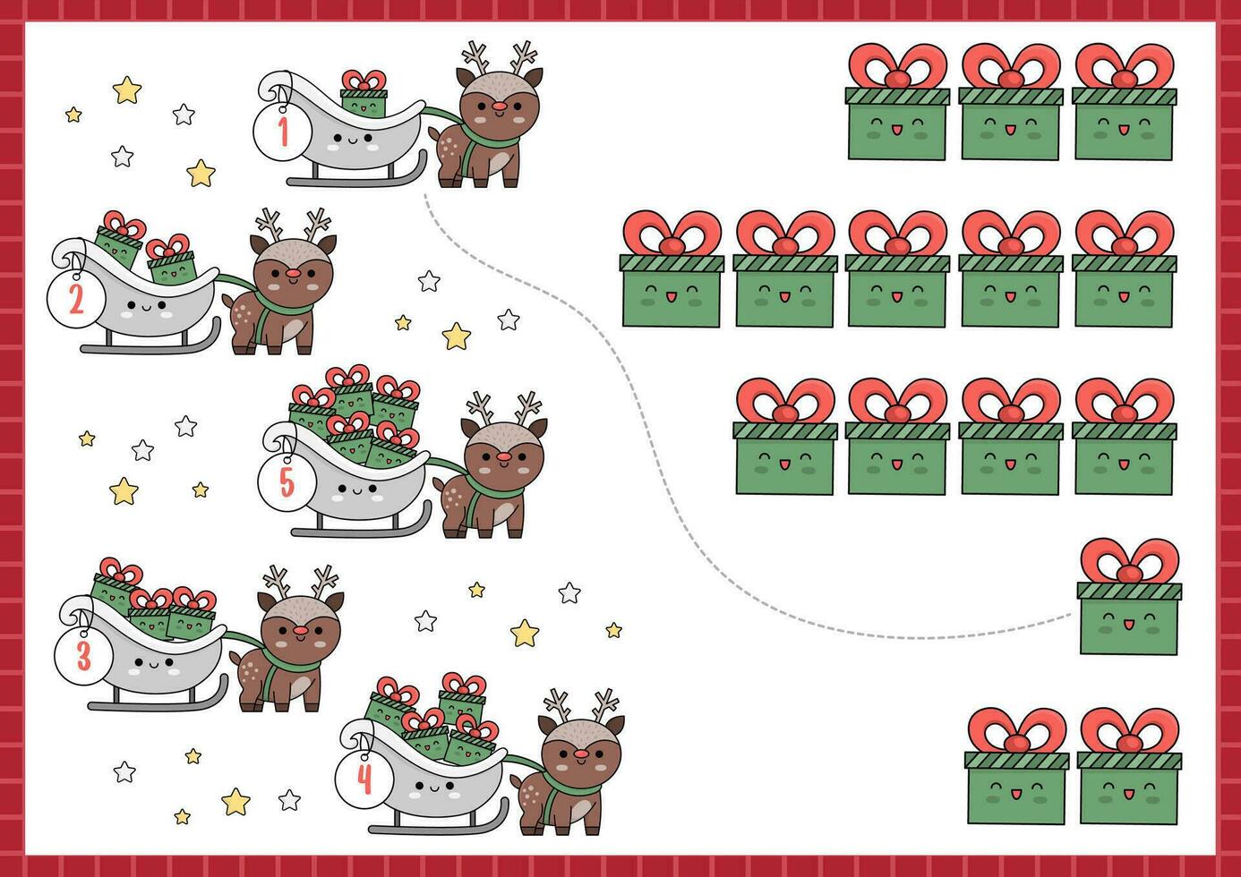 Kerstmis bij elkaar passen spel met schattig kawaii hert, slee, presenteert. winter vakantie wiskunde werkzaamheid voor peuter- kinderen. leerzaam afdrukbare nieuw jaar tellen werkblad met tekenfilm tekens vector