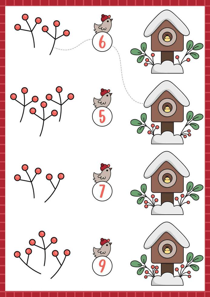 Kerstmis bij elkaar passen spel met schattig kawaii vogel en vogelhuisje. winter vakantie wiskunde werkzaamheid voor peuter- kinderen. leerzaam afdrukbare nieuw jaar tellen werkblad met tekenfilm tekens vector