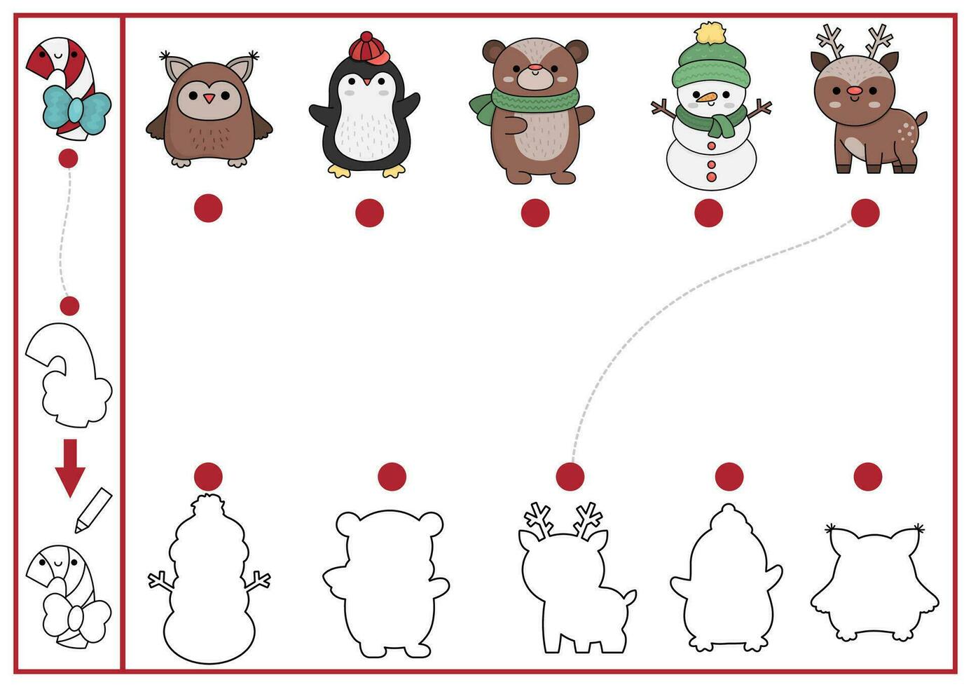 Kerstmis vorm passen bij, kleur en tekening werkzaamheid. winter vakantie puzzel met schattig kawaii sneeuwman, pinguïn. vind correct silhouet afdrukbare werkblad. nieuw jaar bladzijde voor kinderen vector