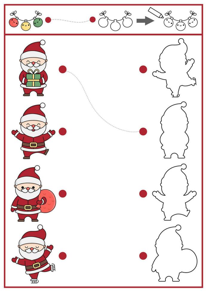 Kerstmis vorm passen bij, kleur en tekening werkzaamheid. winter vakantie puzzel met schattig kawaii de kerstman claus. vind correct silhouet afdrukbare werkblad. nieuw jaar bladzijde voor kinderen met heilige nicolas vector