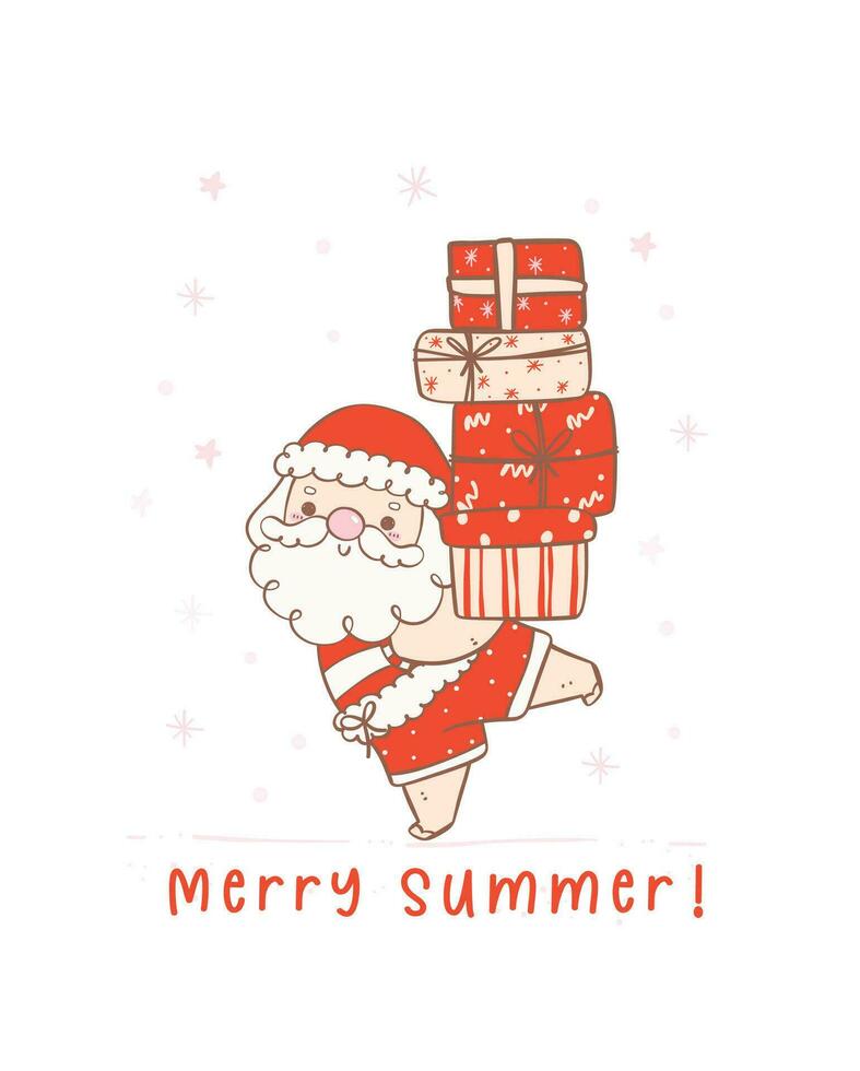 schattig zomer Kerstmis de kerstman claus met geschenken. kawaii zomer Kerstmis vakantie tekenfilm tekening. vector