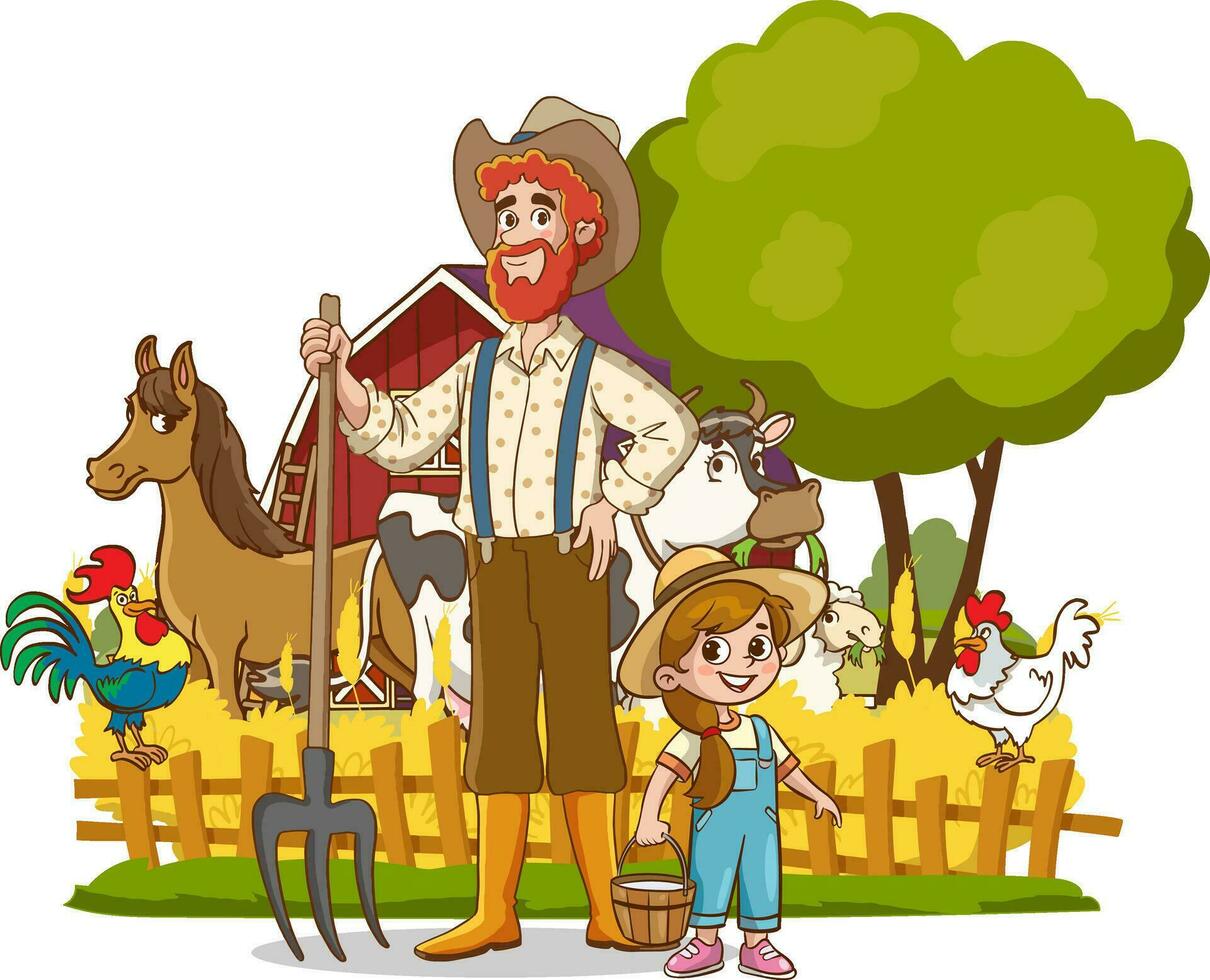 vector illustratie van gelukkig boer familie en boerderij dieren