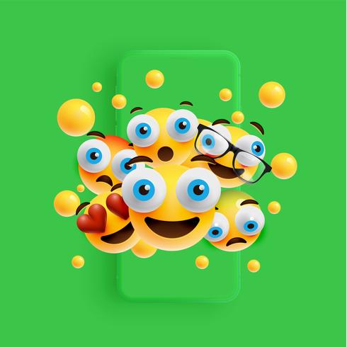 3D en verschillende soorten emoticons met matte smartphone, vectorillustartion vector