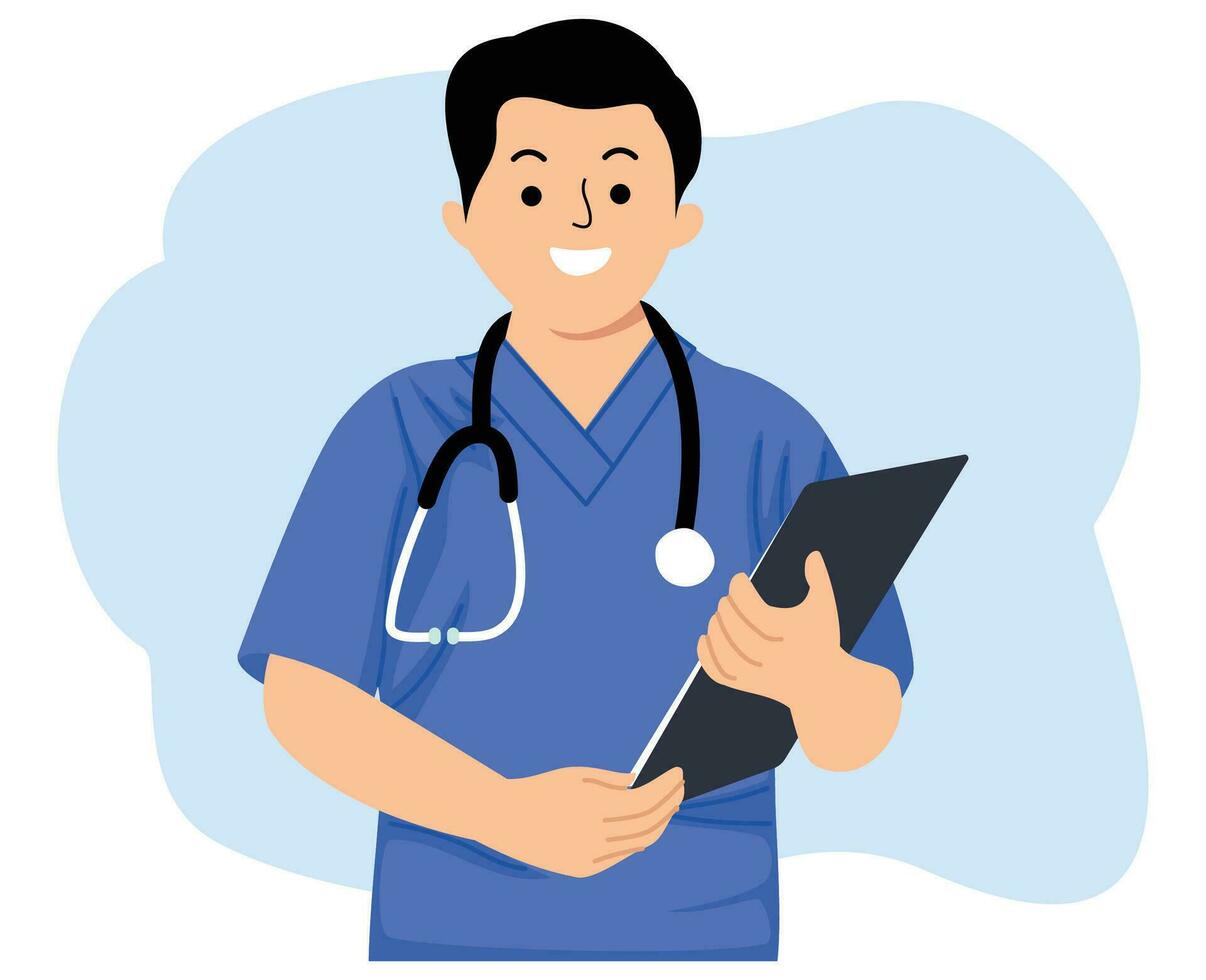 gezondheidszorg arbeiders glimlachen jong Mens verpleegster vervelend blauw uniform met een stethoscoop Holding klembord vector