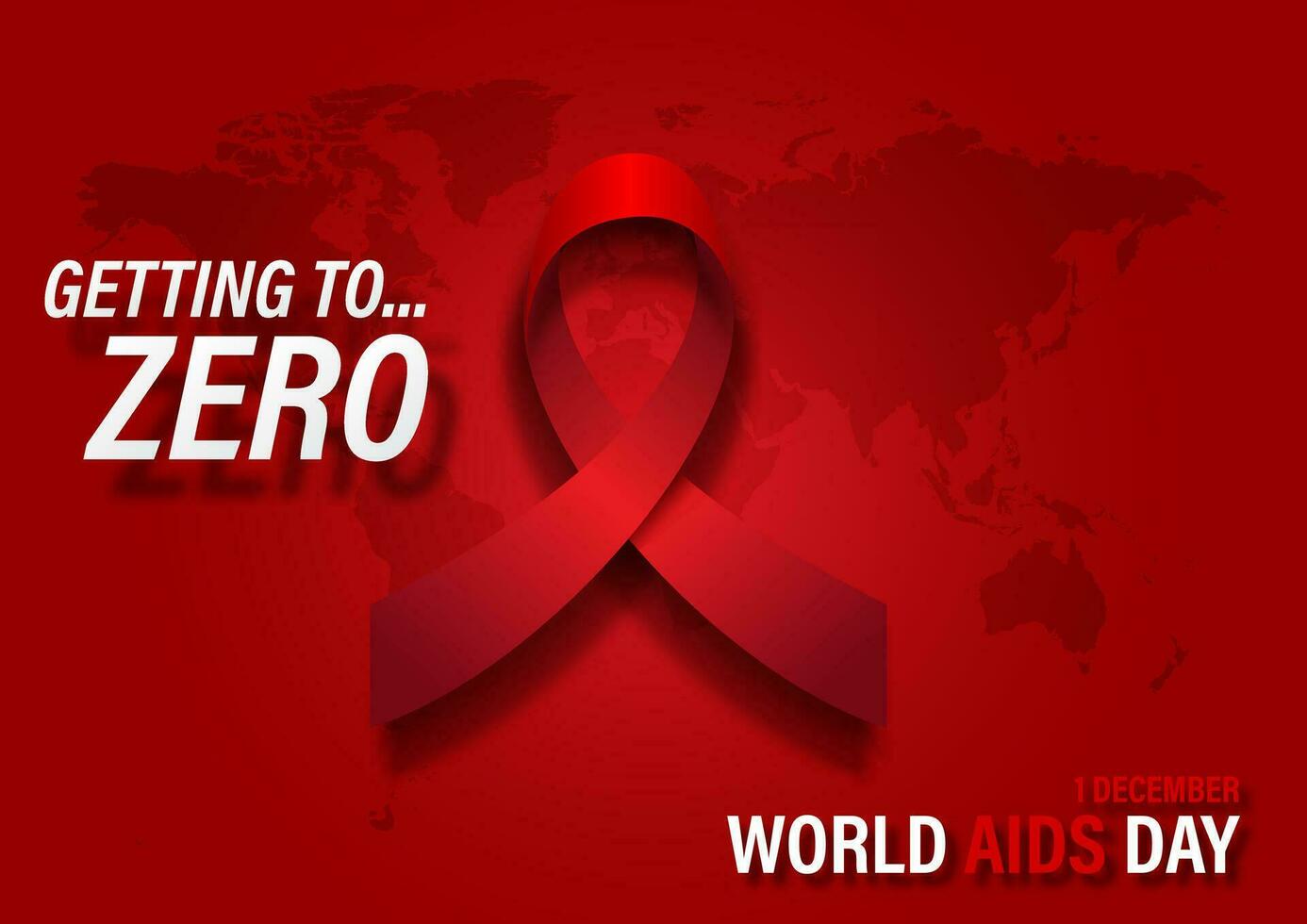 rood lint in 3d stijl met leuze formulering van wereld AIDS dag en de dag, naam van evenement Aan wereld kaart en rood helling achtergrond. vector