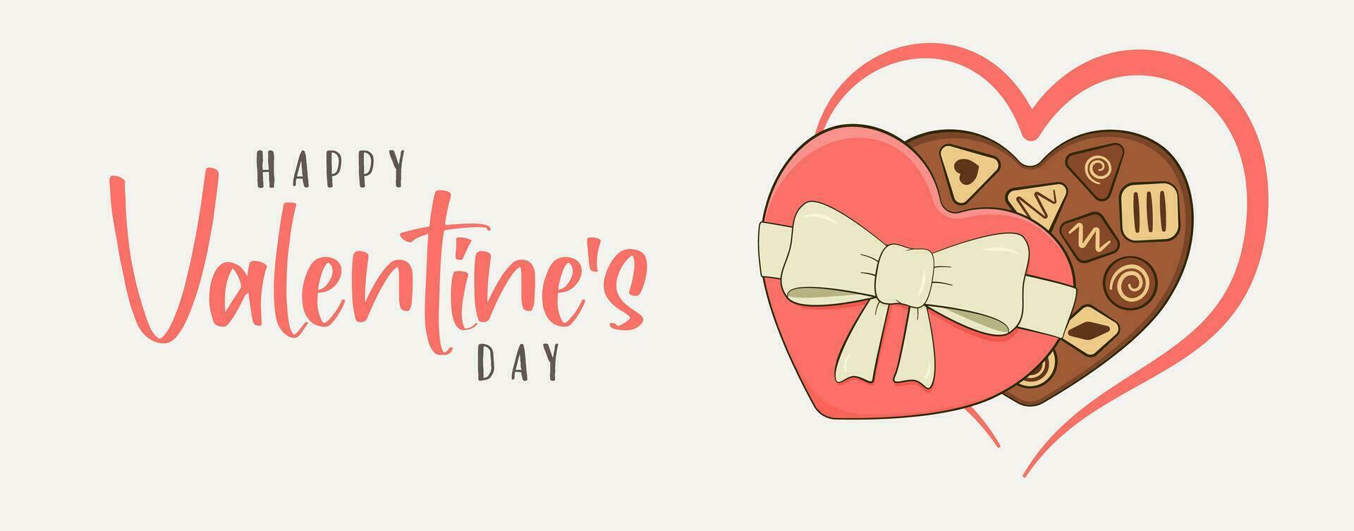 gelukkig Valentijnsdag dag, belettering. spandoek. chocola snoep met hartvormig doos vector