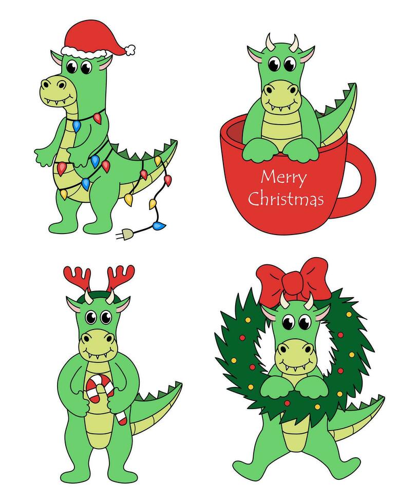 reeks van tekenfilm Kerstmis en nieuw jaar draak karakters. schattig draak in beker, guirlande, met snoep riet, hert gewei hoofdband, lauwerkrans. vector vlak illustratie.