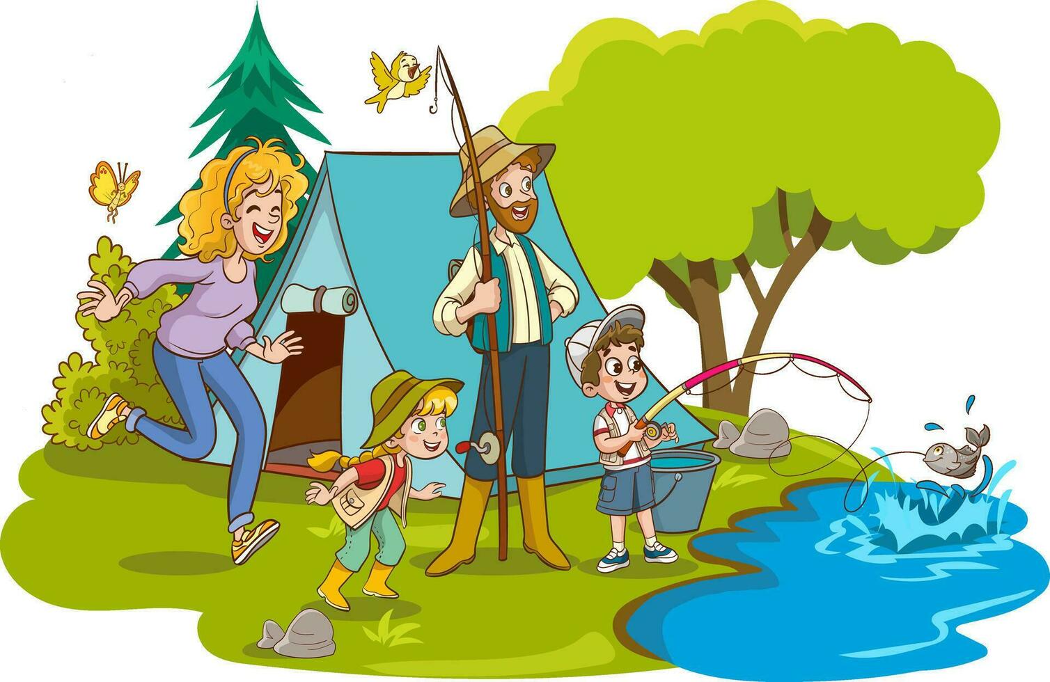 vector illustratie van familie camping en visvangst