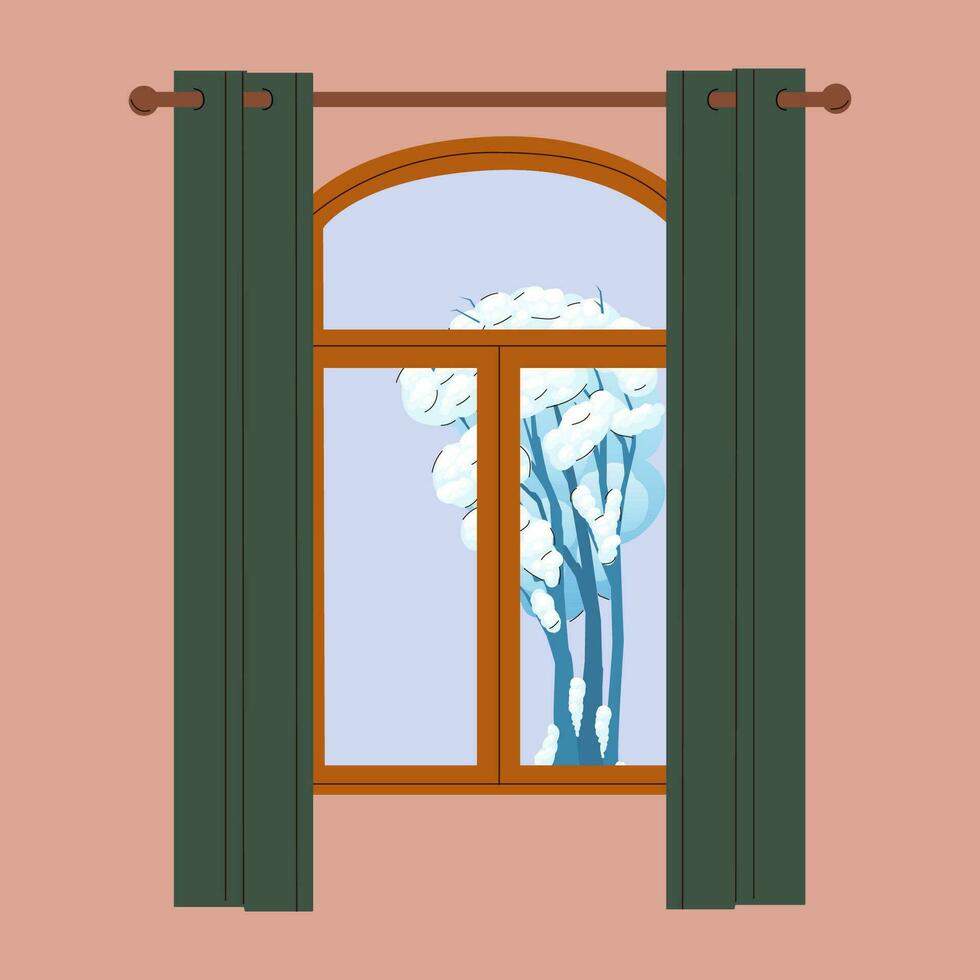 winter venster. venster met winter visie. sneeuw. hygge concept. knus herfst dagen vector