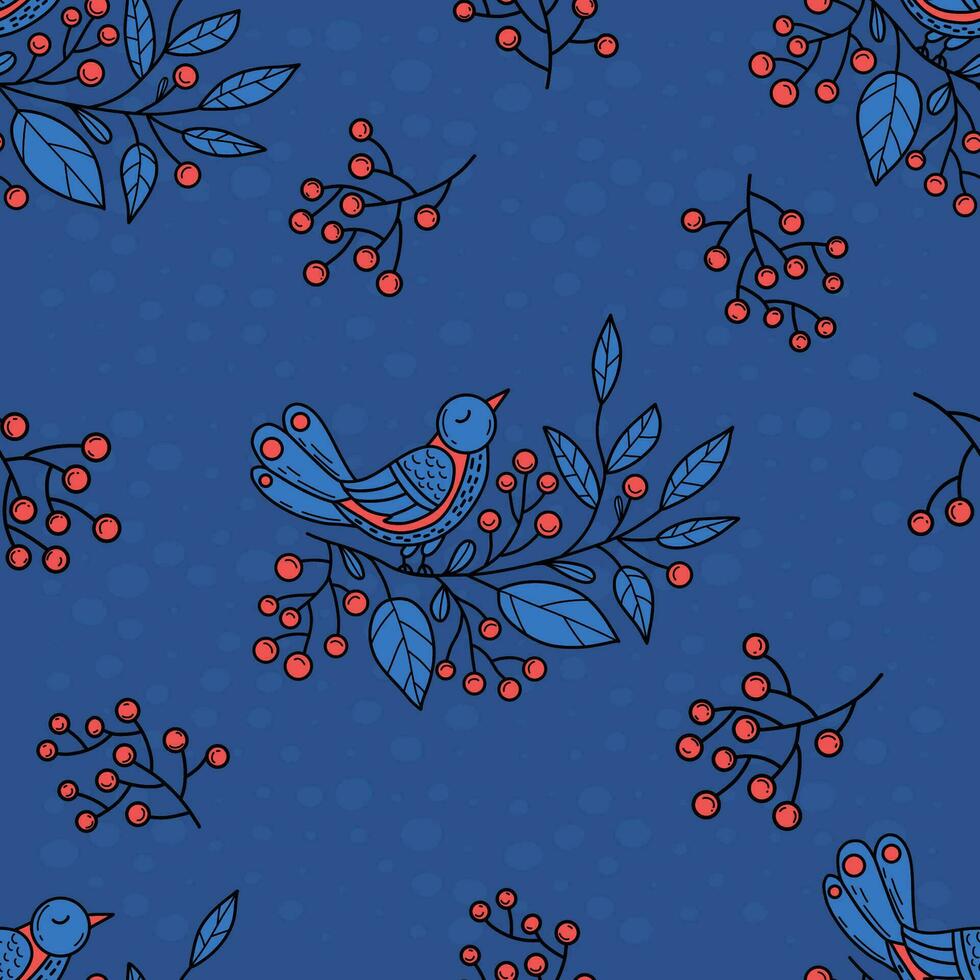 Kerstmis naadloos patroon. vogel Aan Afdeling met Kerstmis bessen Aan blauw achtergrond. vector illustratie. Kerstmis volk herhalende ontwerp in stijl gekleurde lineair hand- tekening.