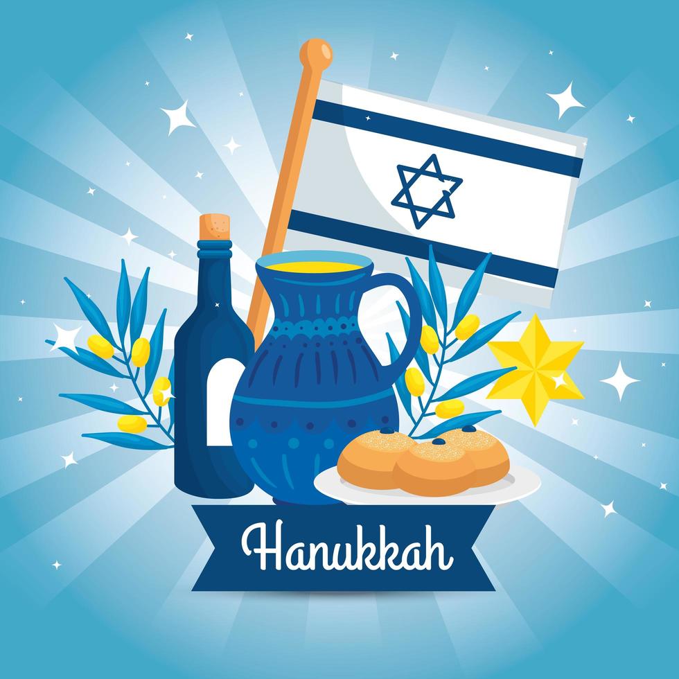 gelukkige hanukkah met theepot en set decoratie vector