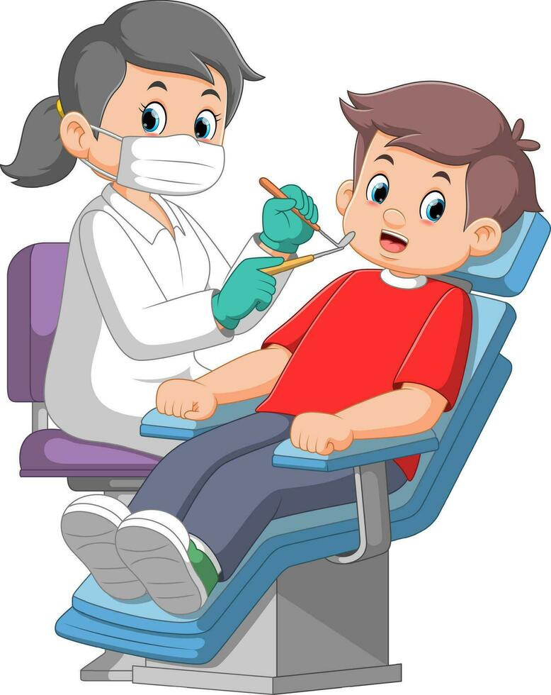 tandarts vrouw Holding instrumenten en onderzoeken geduldig Mens tanden op zoek binnen mond vector