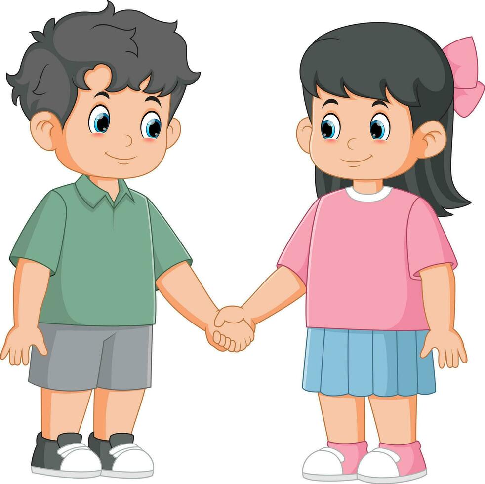 tekenfilm gelukkig jongen en meisje Holding handen vector