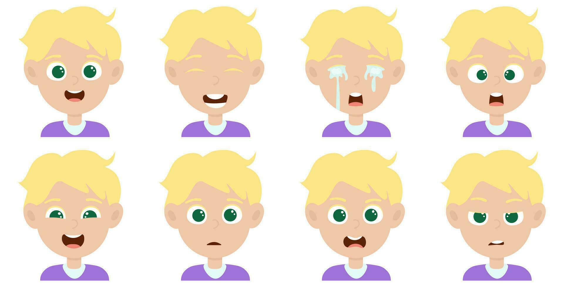 schattig weinig blond haar- jongen avatar met verschillend gelaats uitdrukking vector