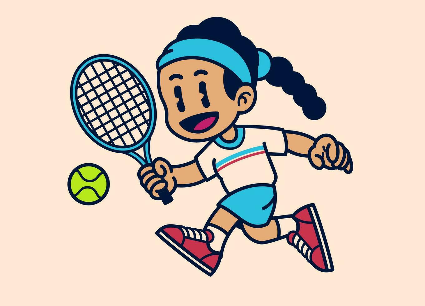 gelukkig meisje spelen tennis tekenfilm wijnoogst geïsoleerd vector