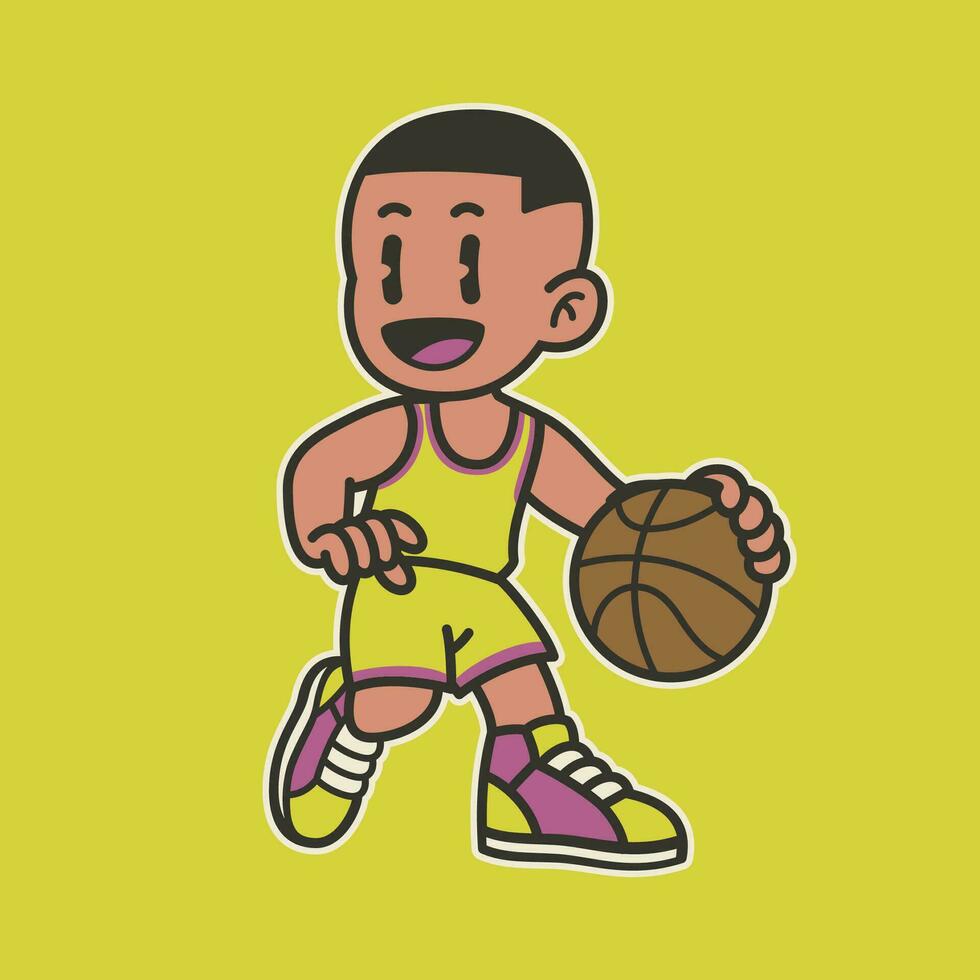 gelukkig jongen spelen basketbal in wijnoogst stijl vector