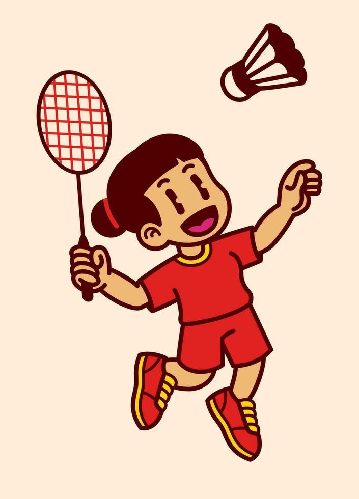blij meisje spelen badminton tekenfilm geïsoleerd vector