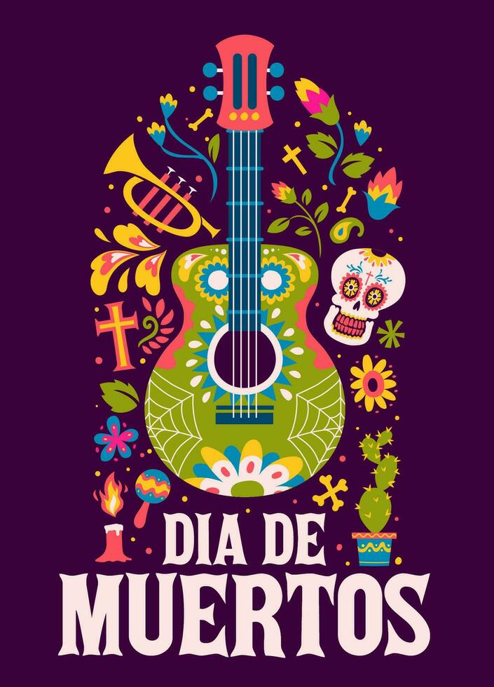 dia de los Muertos vakantie poster met gitaar vector