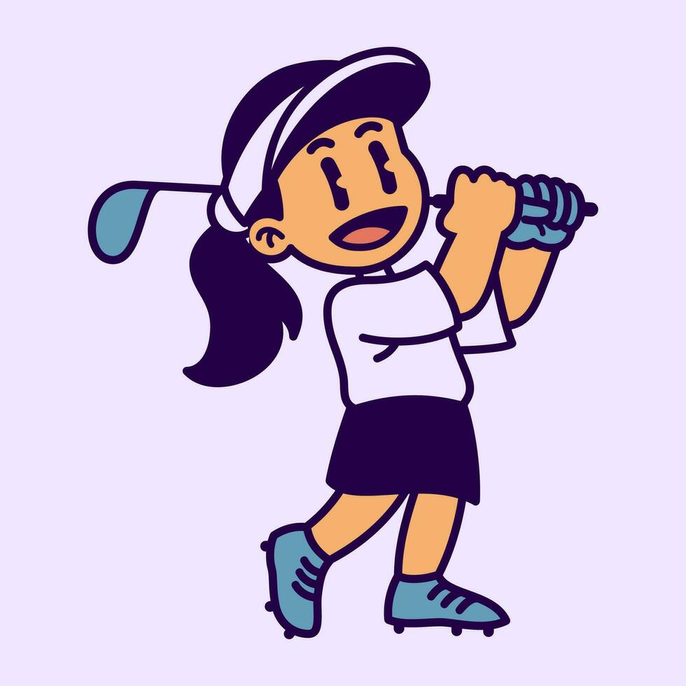 gelukkig tekenfilm meisje spelen golf in wijnoogst stijl vector
