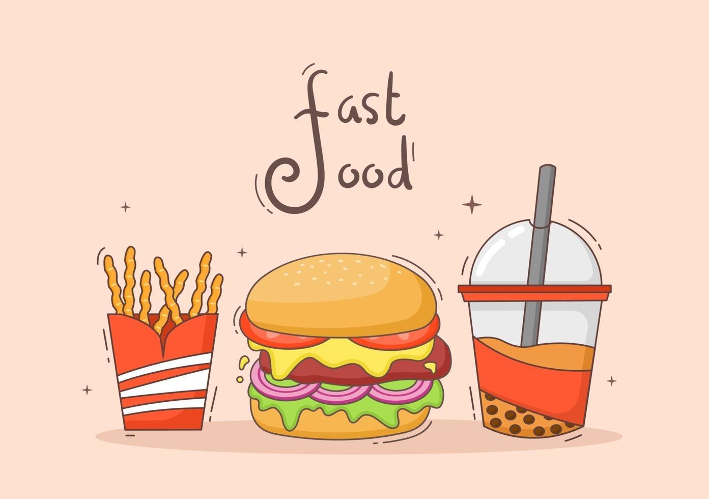 set van hamburger, cola en frietjes fastfood achtergrond vector