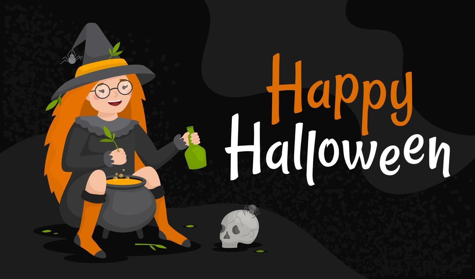 een heksenmeisje brouwt een drankje voor Halloween, banner vector