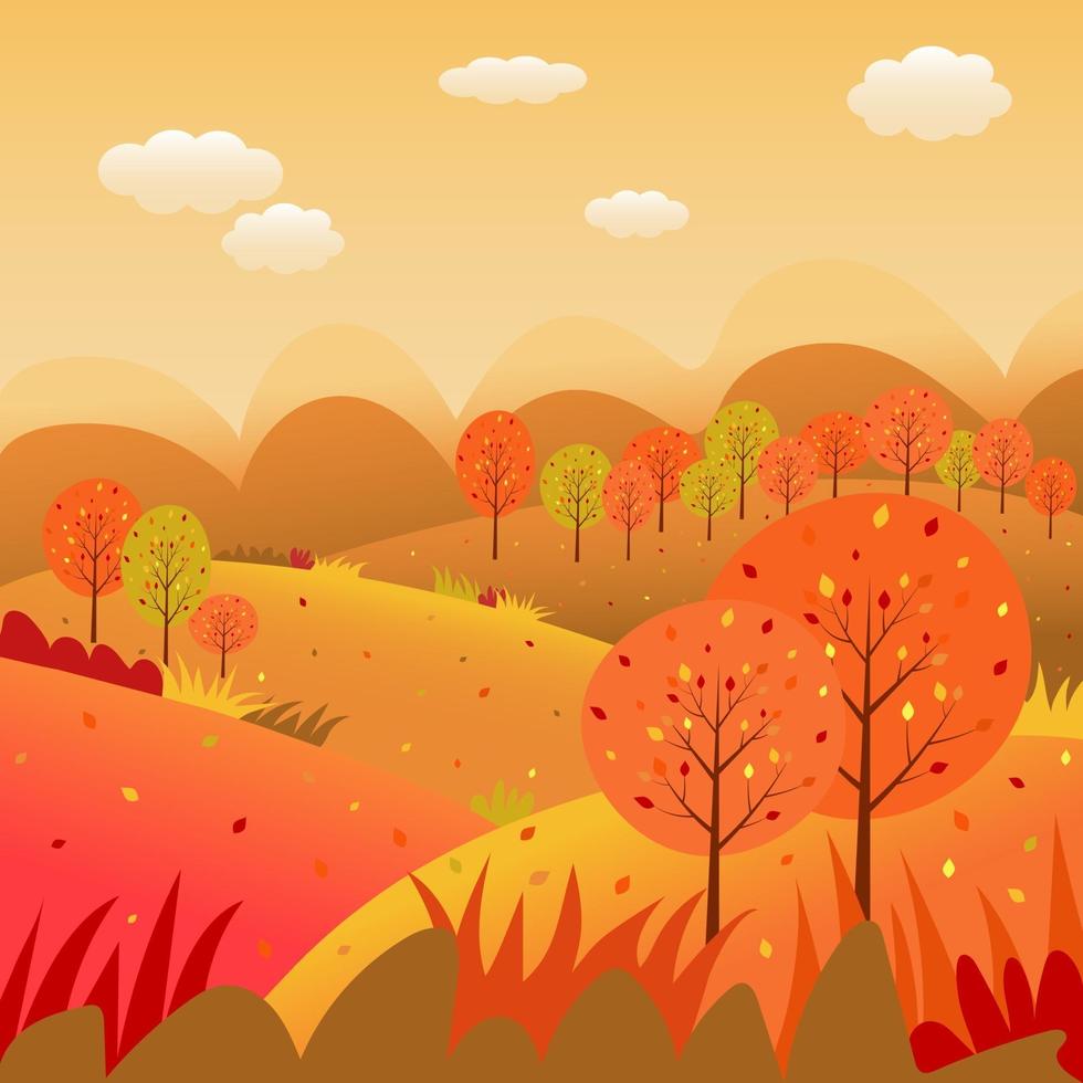 herfstlandschap met boerderijveld, bergen, wild gras en bladeren vector