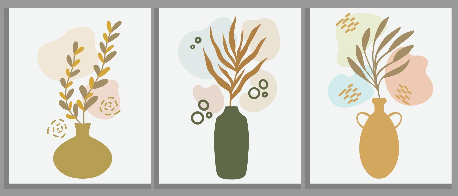 abstracte botanische wanddecoratie poster set. plantentak in vaas vector