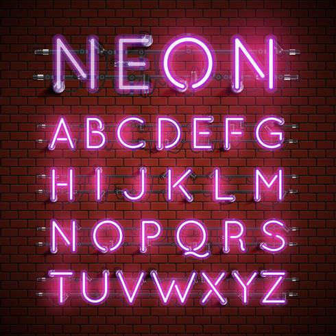 Hoog gedetailleerde neon lettertype ingesteld, vector illustratie