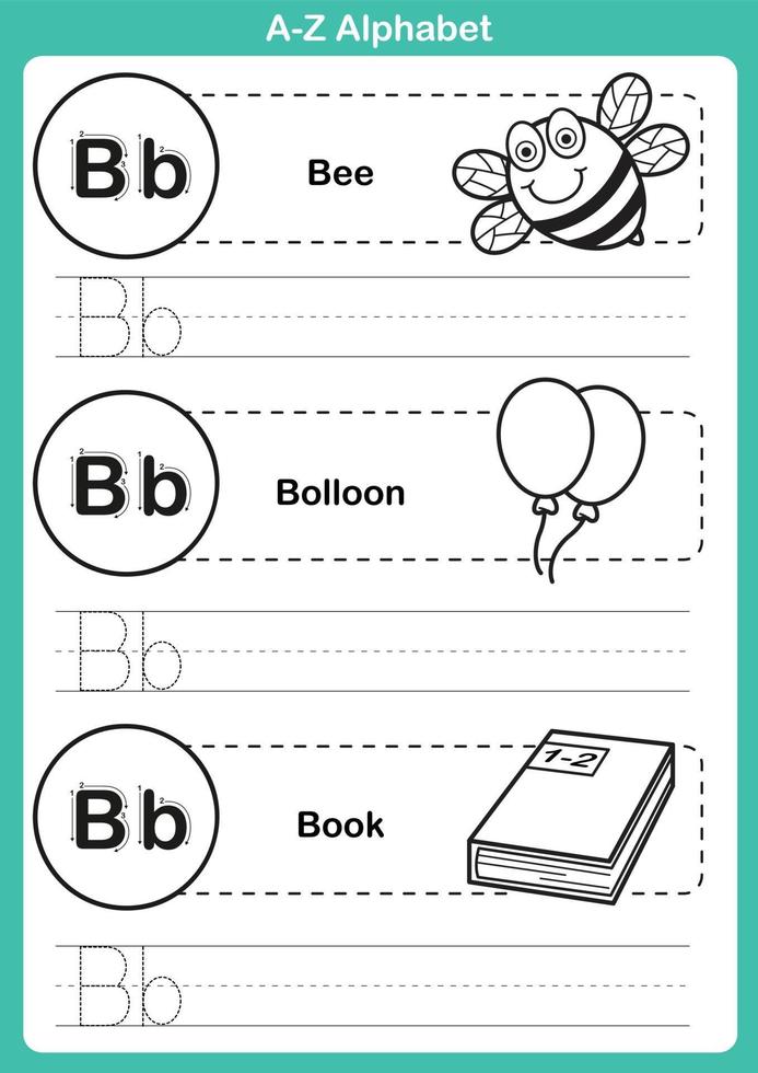 alfabet az oefening met cartoon woordenschat voor kleurboek vector