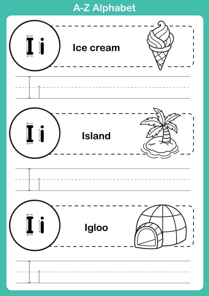alfabet az oefening met cartoon woordenschat voor kleurboek vector
