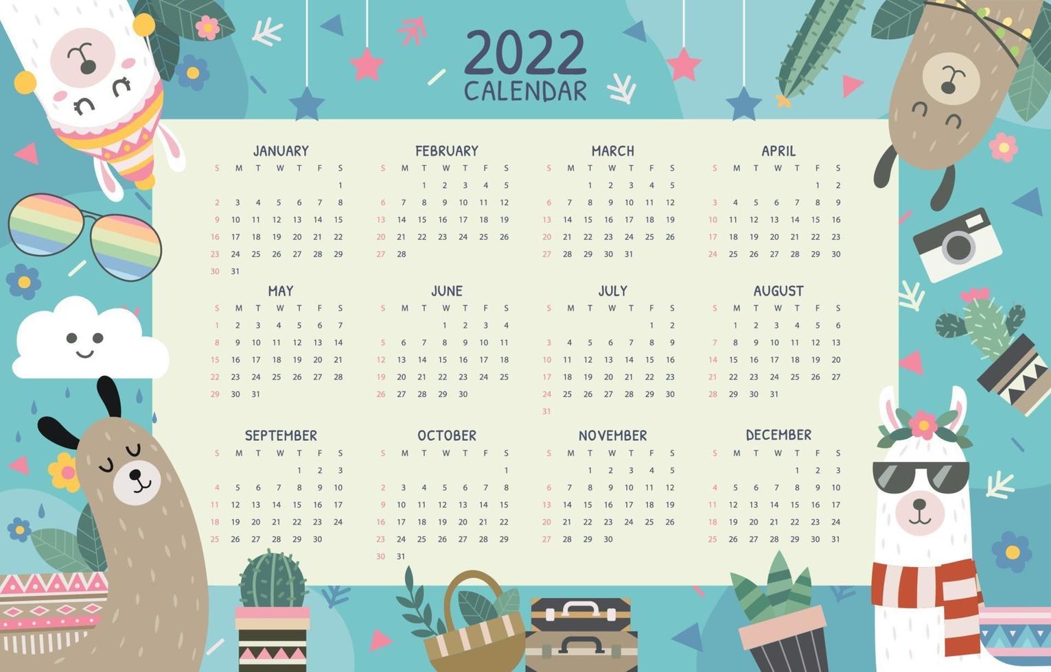 leuke kalender 2022 met alpaca vector