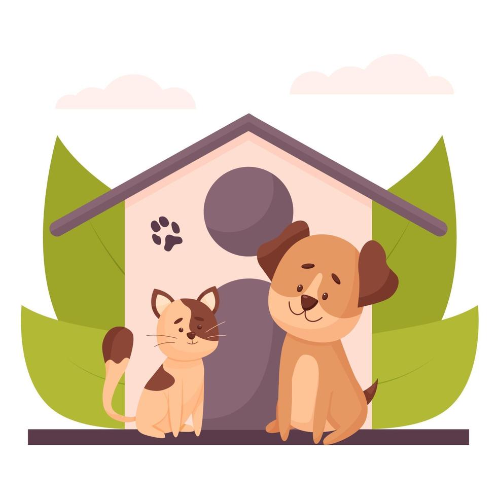 schattige illustratie van een huis met een kat, hond, planten vector