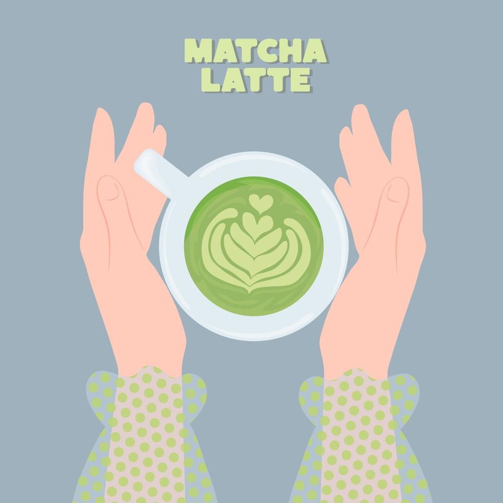matcha latte in een kopje, in vrouwelijke handen. gezond voedselconcept. vector